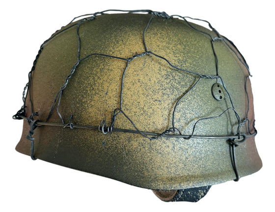 WW2 German M38 Fallschirmjäger Helmet- Reproduction with "Normandy" Camo and Half Basket Wire