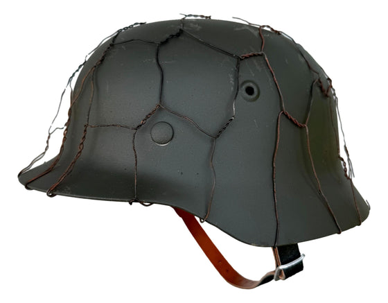 WW2 German Repro M40 Steel Helmet with Single SS Decal and Chicken Wire.