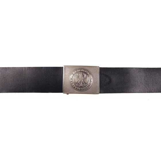 German Bundeswehr Black Leather Dress belt with Silver Buckle.- Used